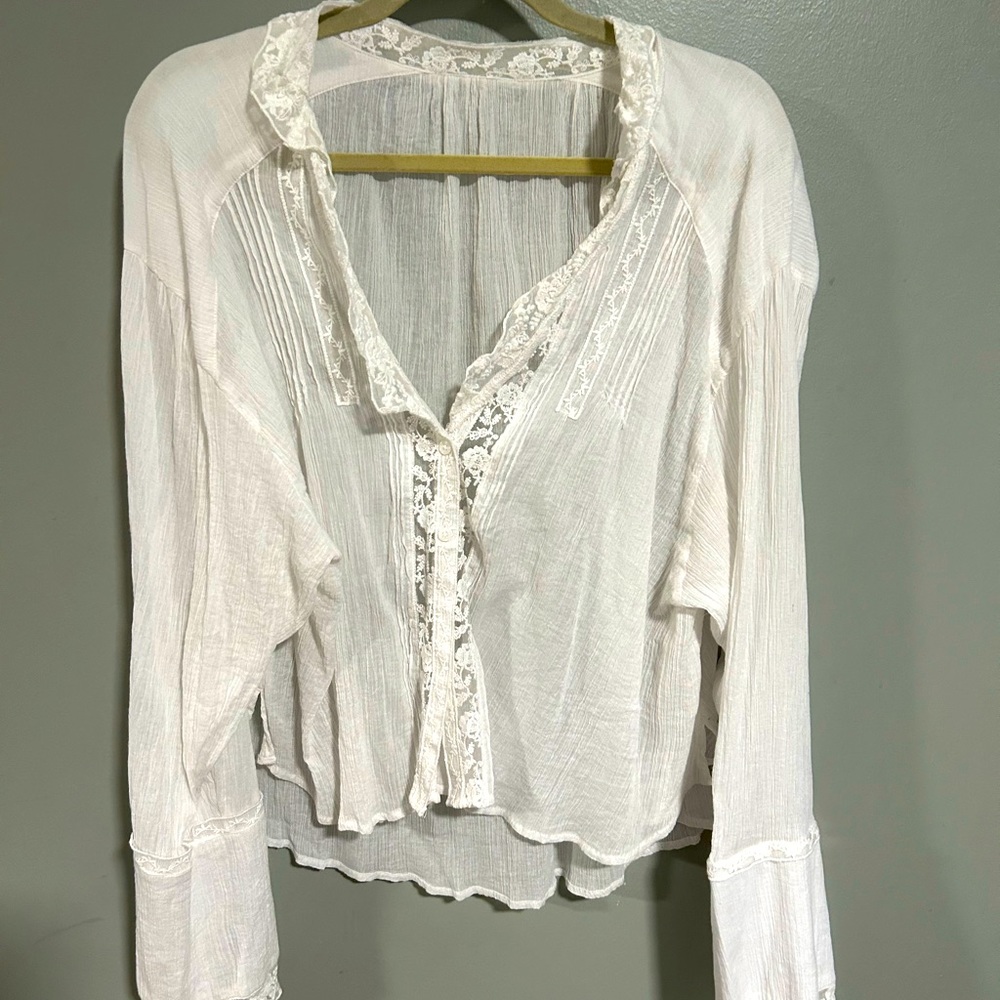 Free People White Lace-Trimmed Clemence Button down